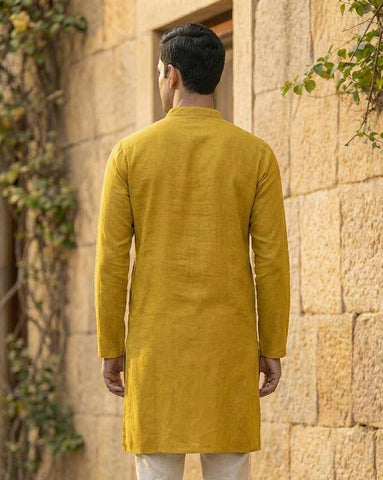 Mustard Yellow Cotton-Linen Blend Men's Kurta with Mandarin Collar