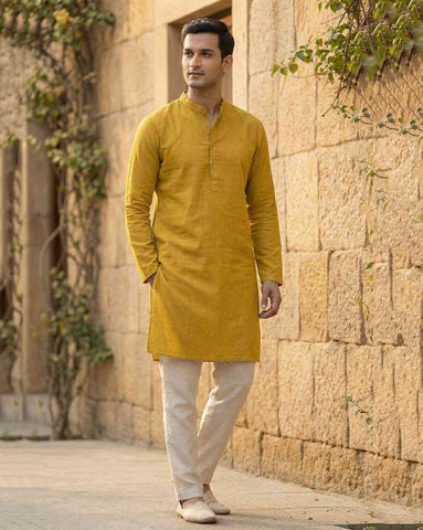 Mustard Yellow Cotton-Linen Blend Men's Kurta with Mandarin Collar