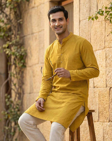 Mustard Yellow Cotton-Linen Blend Men's Kurta with Mandarin Collar
