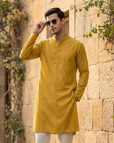 Mustard Yellow Cotton-Linen Blend Men's Kurta with Mandarin Collar