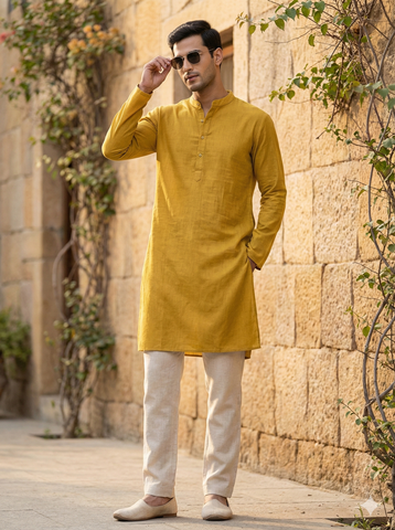 Chhaap Yellow Solid Cotton Kurta Pant Set