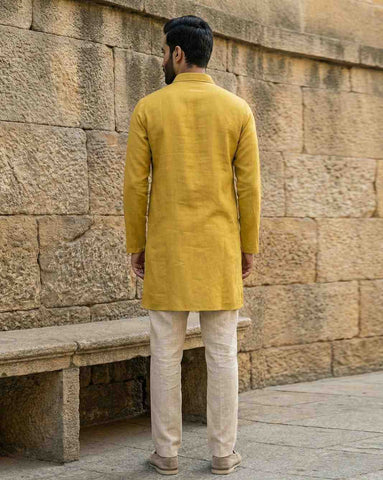 Men's Mustard Yellow Linen-Blend Shirt-Collar Kurta