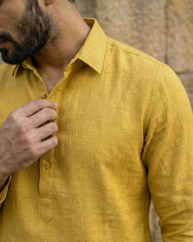 Men's Mustard Yellow Linen-Blend Shirt-Collar Kurta