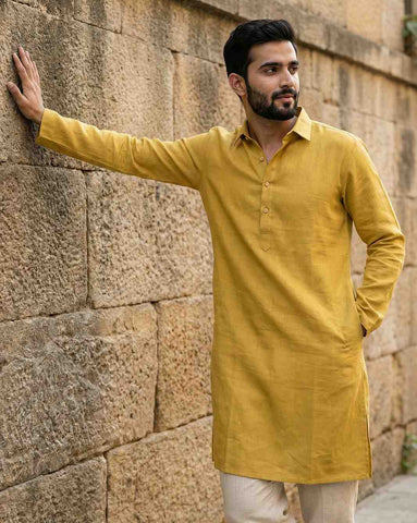 Men's Mustard Yellow Linen-Blend Shirt-Collar Kurta