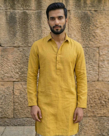 Men's Mustard Yellow Linen-Blend Shirt-Collar Kurta