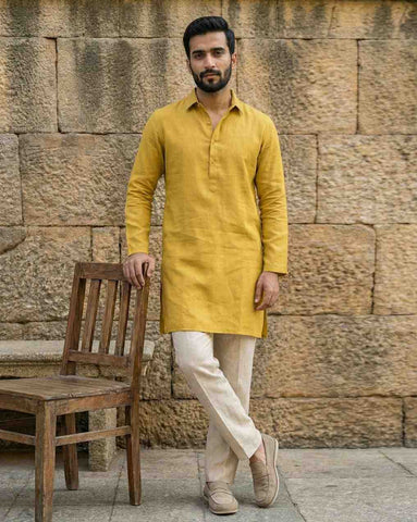 Men's Mustard Yellow Linen-Blend Shirt-Collar Kurta