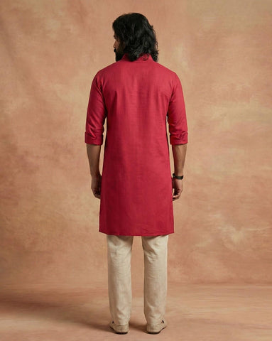 Men's Crimson Red Cotton Linen Shirt-Collar Kurta