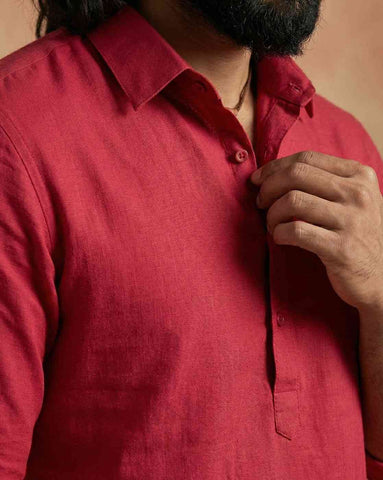 Men's Crimson Red Cotton Linen Shirt-Collar Kurta