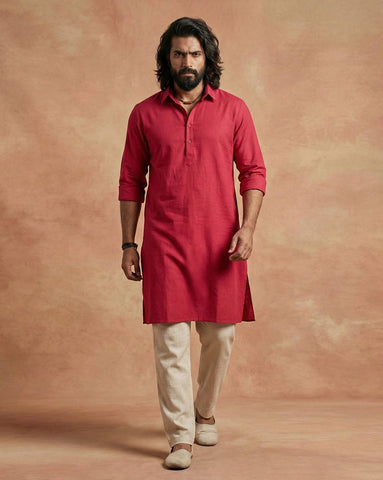 Men's Crimson Red Cotton Linen Shirt-Collar Kurta