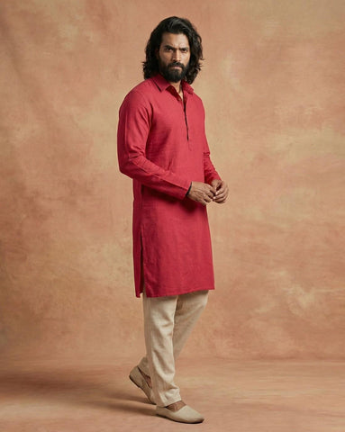 Men's Crimson Red Cotton Linen Shirt-Collar Kurta