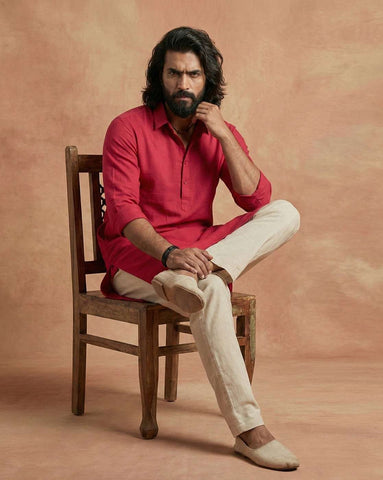 Men's Crimson Red Cotton Linen Shirt-Collar Kurta