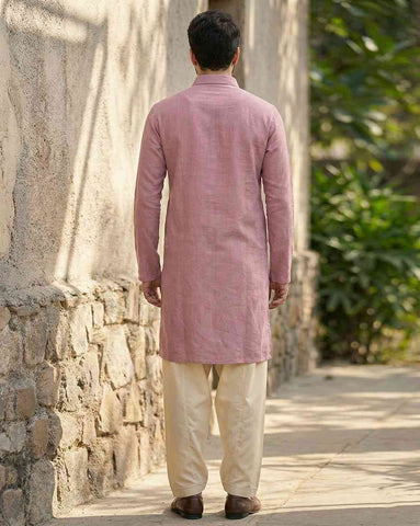 Men's Dusty Pink Cotton-Linen Kurta with Shirt Collar