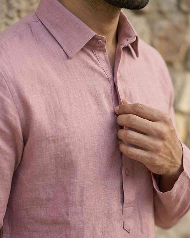 Men's Dusty Pink Cotton-Linen Kurta with Shirt Collar