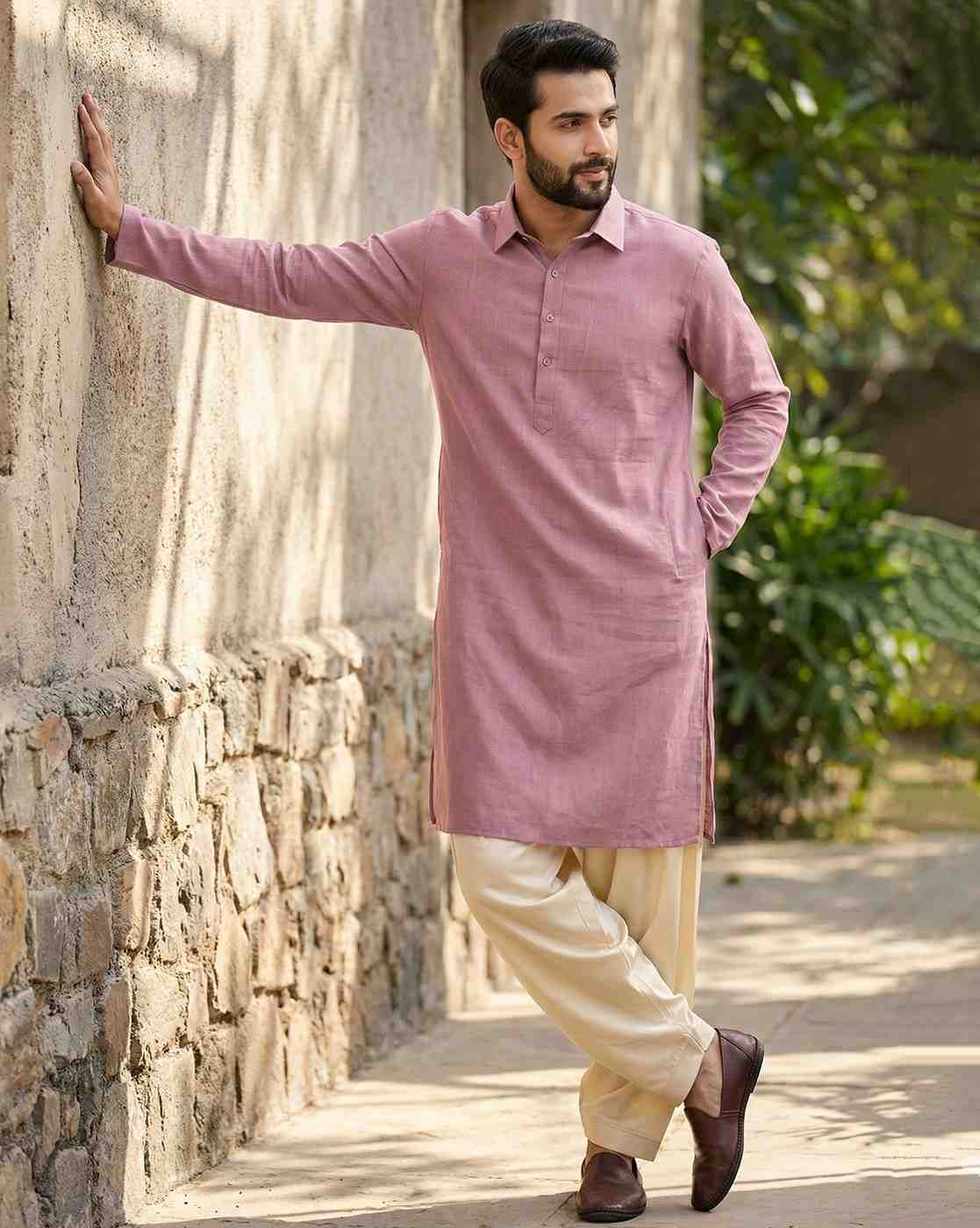 Men's Dusty Pink Cotton-Linen Kurta with Shirt Collar