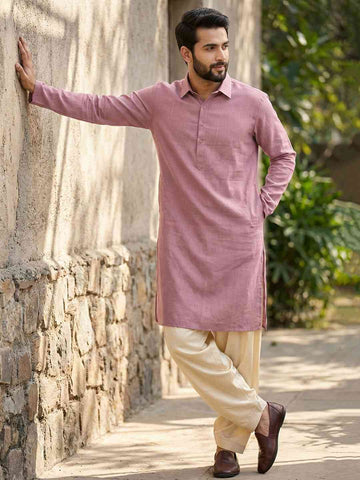 Men's Mauve Textured Cotton Shirt-Collar Kurta