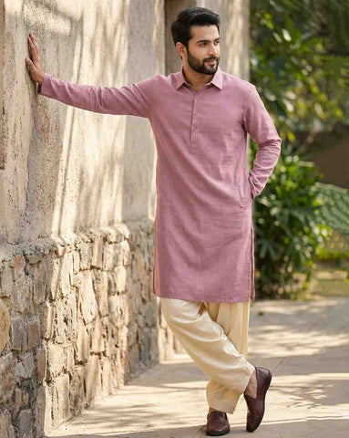 Men's Dusty Pink Cotton-Linen Kurta with Shirt Collar