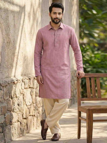 Men's Mauve Textured Cotton Shirt-Collar Kurta