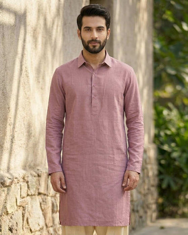 Men's Dusty Pink Cotton-Linen Kurta with Shirt Collar