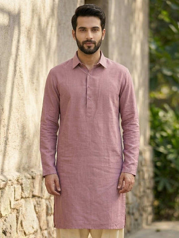 Men's Mauve Textured Cotton Shirt-Collar Kurta