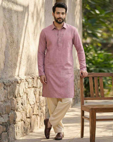 Men's Dusty Pink Cotton-Linen Kurta with Shirt Collar