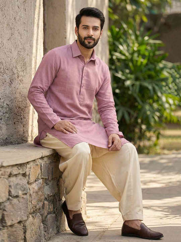 Men's Mauve Textured Cotton Shirt-Collar Kurta