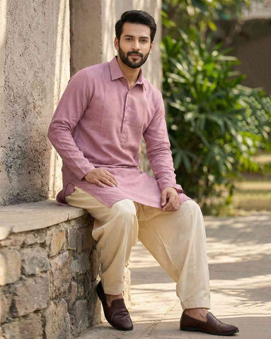 Men's Dusty Pink Cotton-Linen Kurta with Shirt Collar