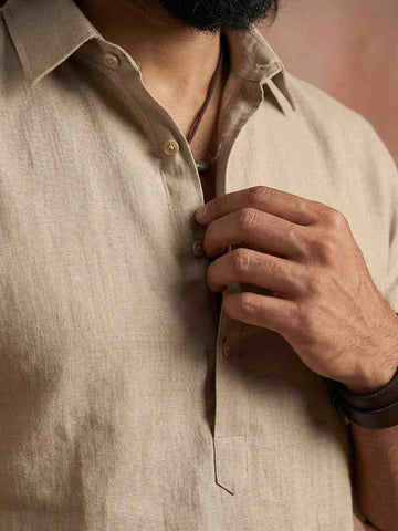 Chhaap Beige Solid Shirt Collar Kurta