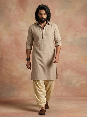 Chhaap Beige Solid Shirt Collar Kurta