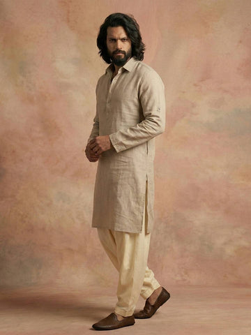 Chhaap Beige Solid Shirt Collar Kurta