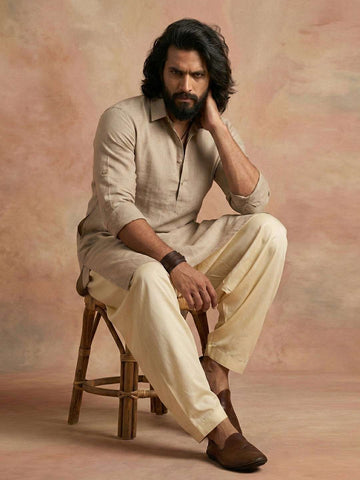 Chhaap Beige Solid Shirt Collar Kurta