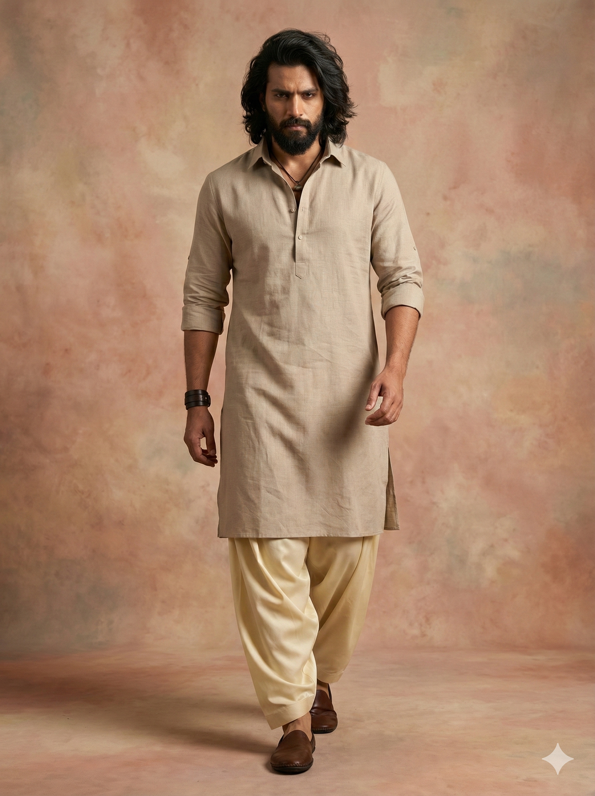 Chhaap Beige Solid Shirt Collar Kurta