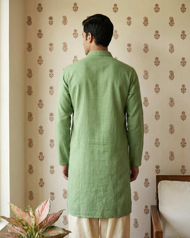 Sage Green Linen-Blend Shirt Kurta for Men
