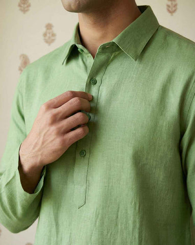 Sage Green Linen-Blend Shirt Kurta for Men