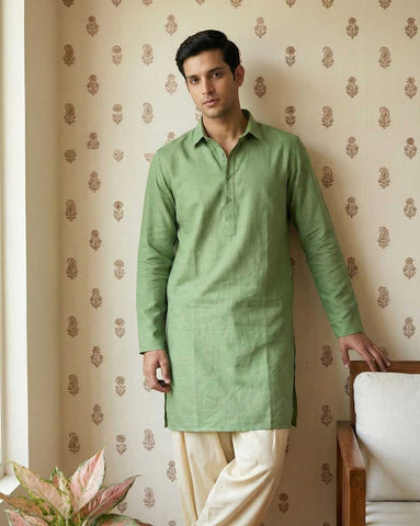 Sage Green Linen-Blend Shirt Kurta for Men