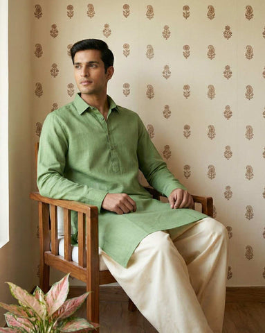 Sage Green Linen-Blend Shirt Kurta for Men