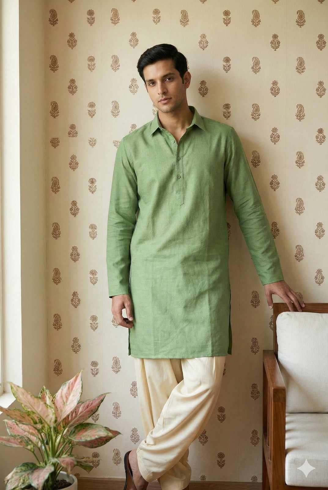 Sage Green Linen-Blend Shirt Kurta for Men