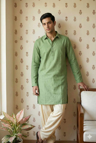 Sage Green Linen-Blend Shirt Kurta for Men