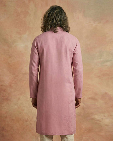 Men's Dusty Pink Cotton-Linen Pathani Kurta with Shirt Collar