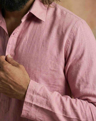 Men's Dusty Pink Cotton-Linen Pathani Kurta with Shirt Collar
