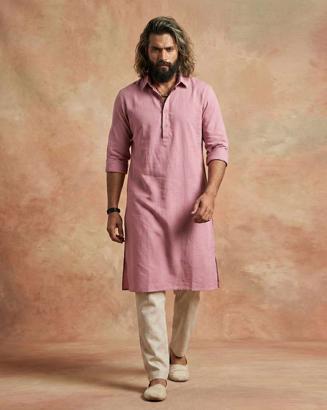 Men's Dusty Pink Cotton-Linen Pathani Kurta with Shirt Collar
