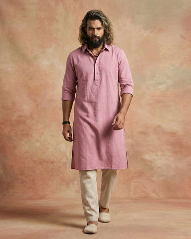 Men's Dusty Pink Cotton-Linen Pathani Kurta with Shirt Collar