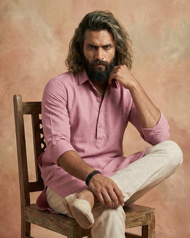 Men's Dusty Pink Cotton-Linen Pathani Kurta with Shirt Collar