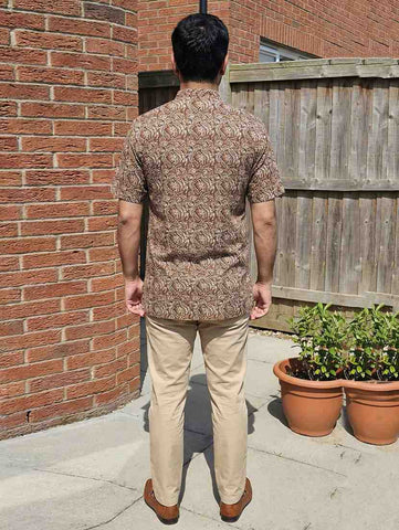 Men's Earthy Brown Floral Printed Cotton Short Kurta