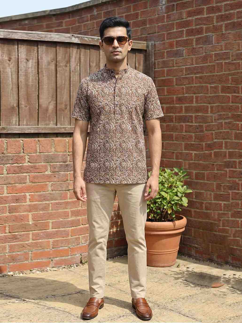 Men's Earthy Brown Floral Printed Cotton Short Kurta