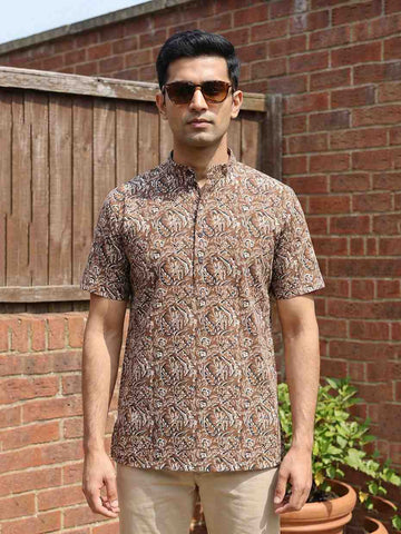 Men's Earthy Brown Floral Printed Cotton Short Kurta