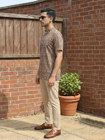 Men's Earthy Brown Floral Printed Cotton Short Kurta