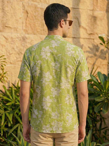 Men's Olive Green Floral Print Short Kurta