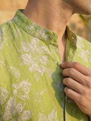 Men's Olive Green Floral Print Short Kurta