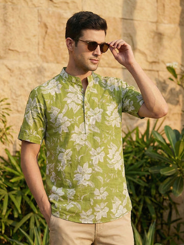 Men's Olive Green Floral Print Short Kurta