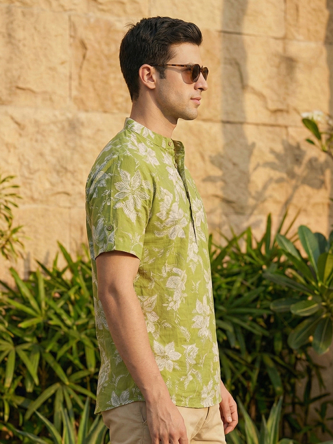Men's Olive Green Floral Print Short Kurta